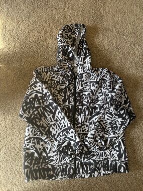 Men's Black & White Graffiti Print Windbreaker Jacket with Hood